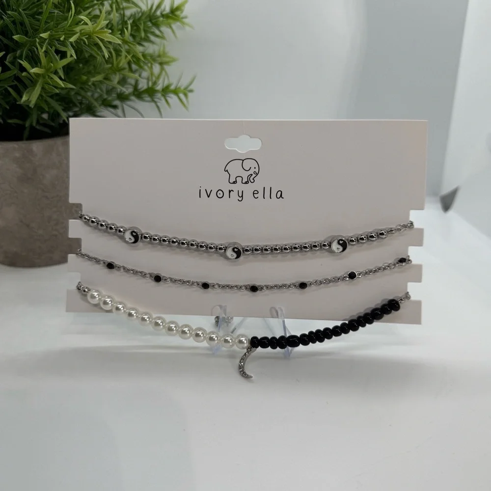 Ivory Ella Anklet Set Silver Tone Yin Yang Pearl Crescent Moon 3 Piece NWT